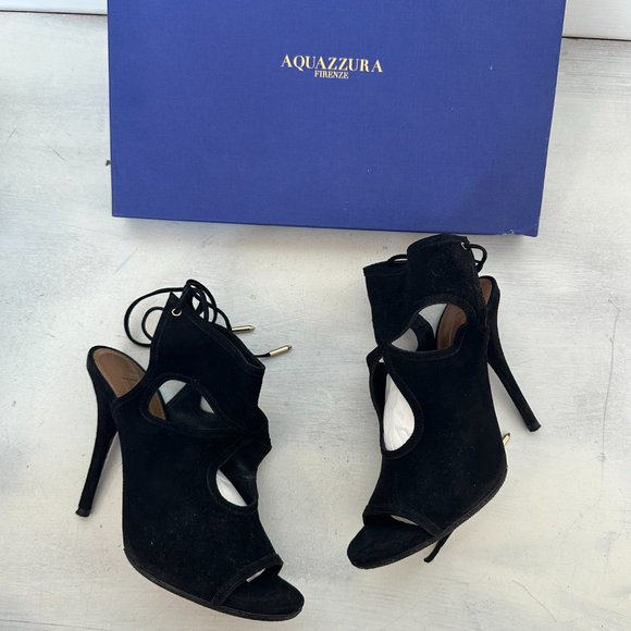 Aquazzura Sexy Thing 105 Cutout Peep Toe Sandals Sz 36 Black Suede Back Ties - Picture 9 of 13